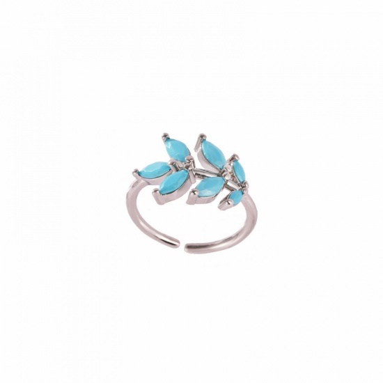 Picture of Wholesale Women's Gift Leaf Blue Cubic Zirconia Open Adjustable Rings, Real Platinum Plated Brass, Ins Style Stylish Jewelry Supply, 17.3mm(US Size 7), 1 Piece