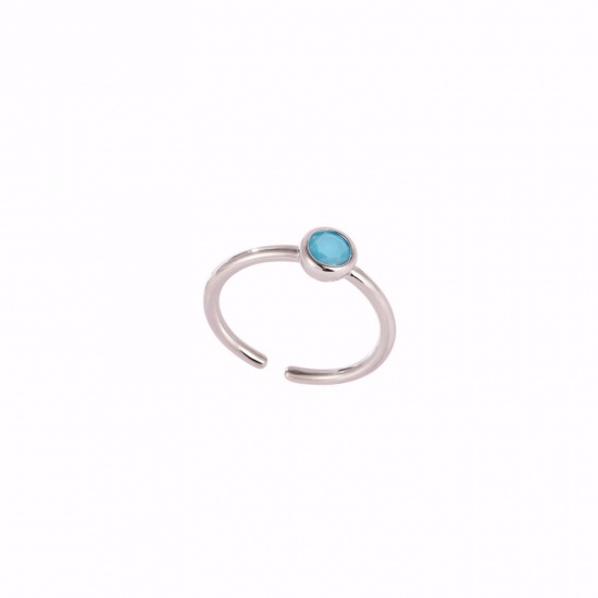 Picture of Wholesale Women's Gift Blue Cubic Zirconia Open Adjustable Rings, Real Platinum Plated Brass, Ins Style Stylish Jewelry Supply, 17.3mm(US Size 7), 1 Piece