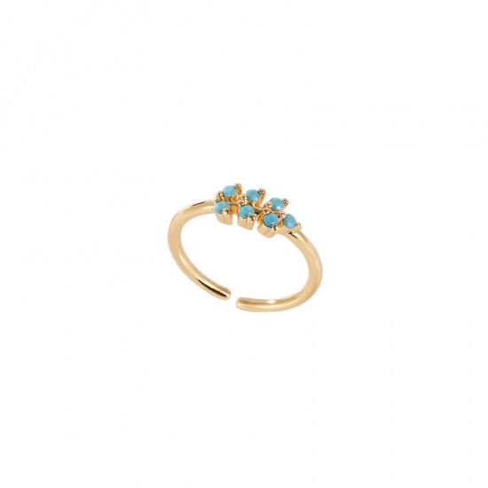 Picture of Wholesale Women's Gift Leaf Blue Cubic Zirconia Open Adjustable Rings, 18K Gold Plated Brass, Ins Style Stylish Jewelry Supply, 17.3mm(US Size 7), 1 Piece