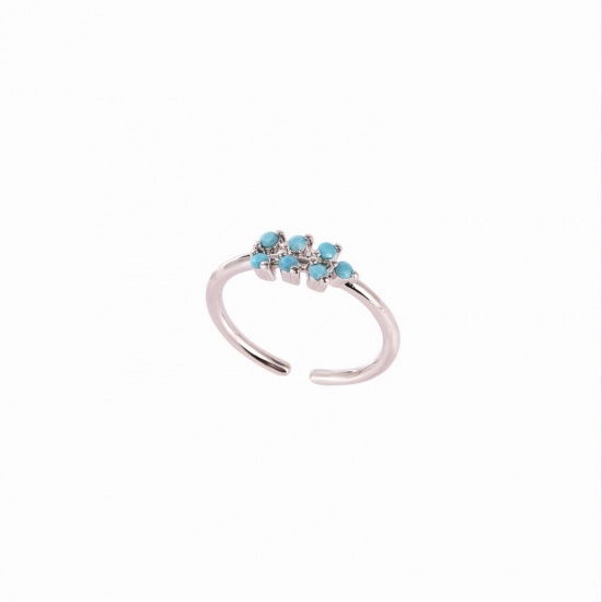 Picture of Wholesale Women's Gift Leaf Blue Cubic Zirconia Open Adjustable Rings, Real Platinum Plated Brass, Ins Style Stylish Jewelry Supply, 17.3mm(US Size 7), 1 Piece