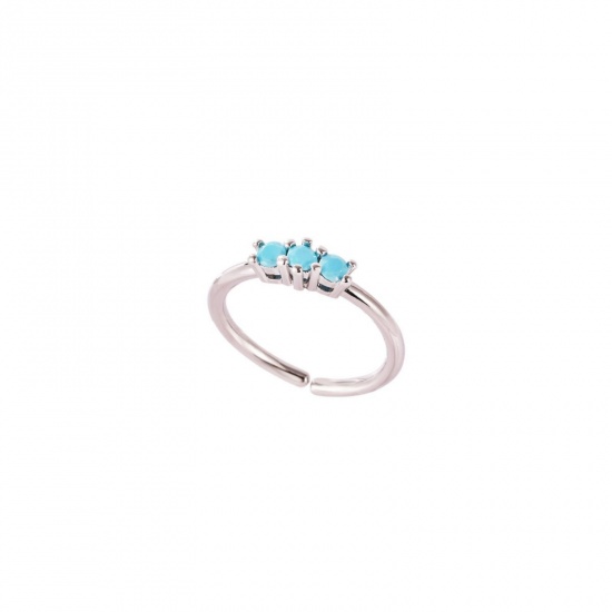 Picture of Wholesale Women's Gift Blue Cubic Zirconia Open Adjustable Rings, Real Platinum Plated Brass, Ins Style Stylish Jewelry Supply, 17.3mm(US Size 7), 1 Piece