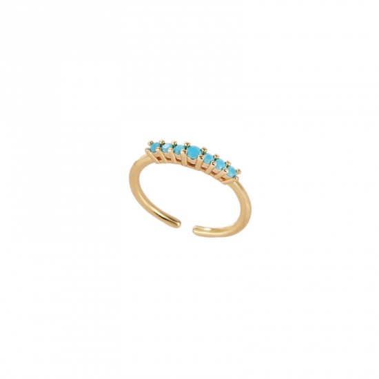 Picture of Wholesale Women's Gift Blue Cubic Zirconia Open Adjustable Rings, 18K Gold Plated Brass, Ins Style Stylish Jewelry Supply, 17.3mm(US Size 7), 1 Piece
