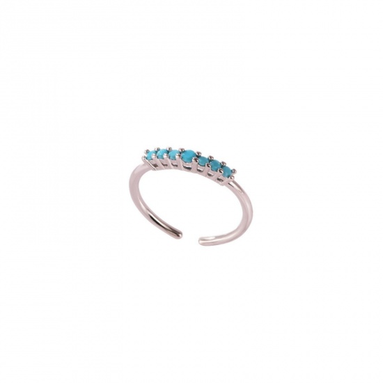 Picture of Wholesale Women's Gift Blue Cubic Zirconia Open Adjustable Rings, Real Platinum Plated Brass, Ins Style Stylish Jewelry Supply, 17.3mm(US Size 7), 1 Piece