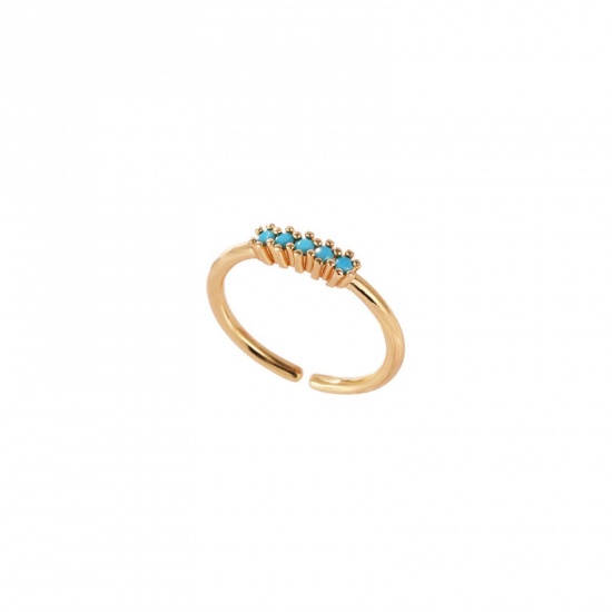 Picture of Wholesale Women's Gift Blue Cubic Zirconia Open Adjustable Rings, 18K Gold Plated Brass, Ins Style Stylish Jewelry Supply, 17.3mm(US Size 7), 1 Piece
