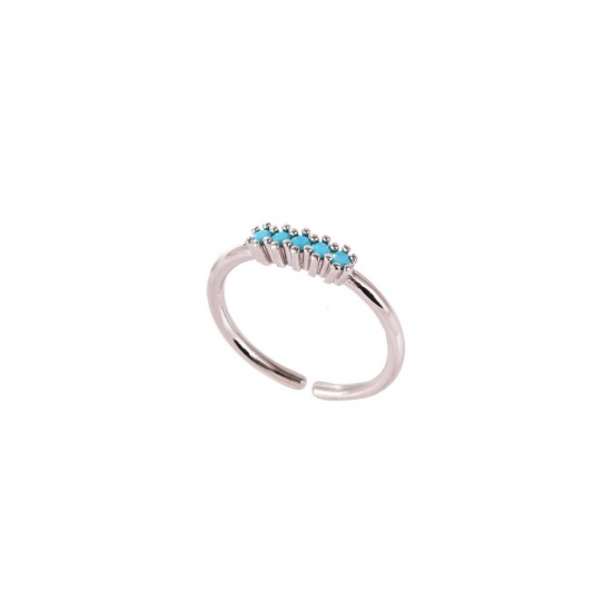 Picture of Wholesale Women's Gift Blue Cubic Zirconia Open Adjustable Rings, Real Platinum Plated Brass, Ins Style Stylish Jewelry Supply, 17.3mm(US Size 7), 1 Piece