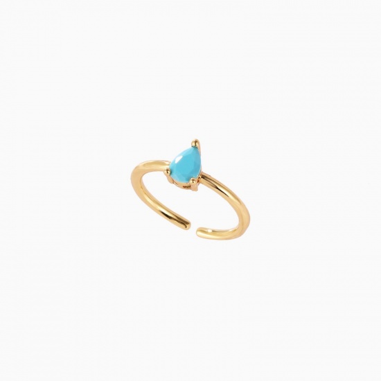 Picture of Wholesale Women's Gift Drop Blue Cubic Zirconia Open Adjustable Rings, 18K Gold Plated Brass, Ins Style Stylish Jewelry Supply, 17.3mm(US Size 7), 1 Piece