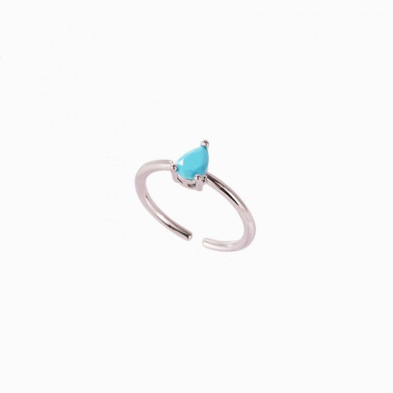 Picture of Wholesale Women's Gift Drop Blue Cubic Zirconia Open Adjustable Rings, Real Platinum Plated Brass, Ins Style Stylish Jewelry Supply, 17.3mm(US Size 7), 1 Piece