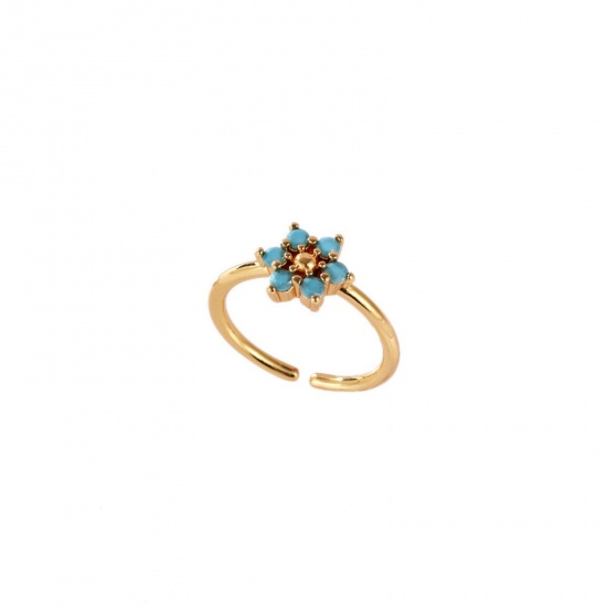 Picture of Wholesale Women's Gift Flower Blue Cubic Zirconia Open Adjustable Rings, 18K Gold Plated Brass, Ins Style Stylish Jewelry Supply, 17.3mm(US Size 7), 1 Piece