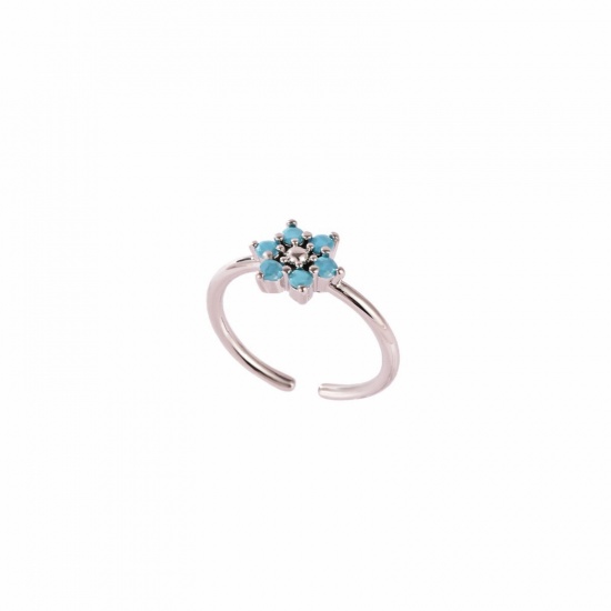 Picture of Wholesale Women's Gift Flower Blue Cubic Zirconia Open Adjustable Rings, Real Platinum Plated Brass, Ins Style Stylish Jewelry Supply, 17.3mm(US Size 7), 1 Piece