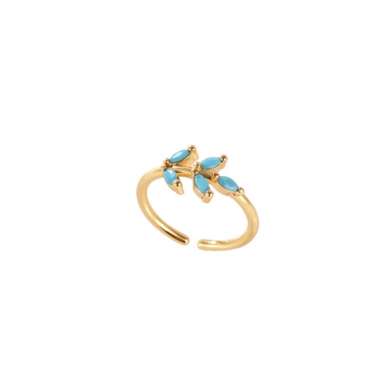 Picture of Wholesale Women's Gift Leaf Blue Cubic Zirconia Open Adjustable Rings, 18K Gold Plated Brass, Ins Style Stylish Jewelry Supply, 17.3mm(US Size 7), 1 Piece