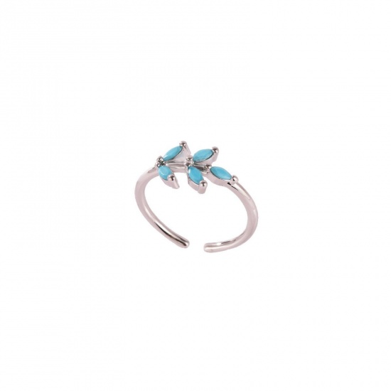 Picture of Wholesale Women's Gift Leaf Blue Cubic Zirconia Open Adjustable Rings, Real Platinum Plated Brass, Ins Style Stylish Jewelry Supply, 17.3mm(US Size 7), 1 Piece