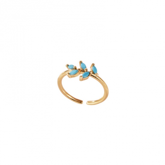 Picture of Wholesale Women's Gift Leaf Blue Cubic Zirconia Open Adjustable Rings, 18K Gold Plated Brass, Ins Style Stylish Jewelry Supply, 17.3mm(US Size 7), 1 Piece