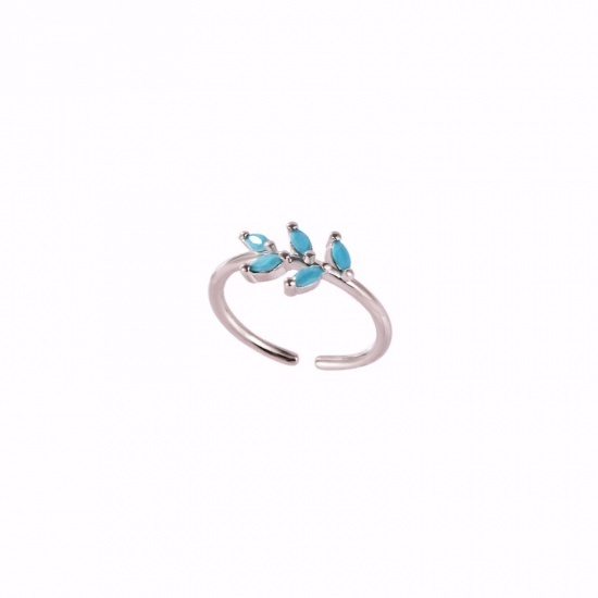 Picture of Wholesale Women's Gift Leaf Blue Cubic Zirconia Open Adjustable Rings, Real Platinum Plated Brass, Ins Style Stylish Jewelry Supply, 17.3mm(US Size 7), 1 Piece