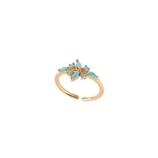 Picture of Wholesale Women's Gift Leaf Blue Cubic Zirconia Open Adjustable Rings, 18K Gold Plated Brass, Ins Style Stylish Jewelry Supply, 17.3mm(US Size 7), 1 Piece