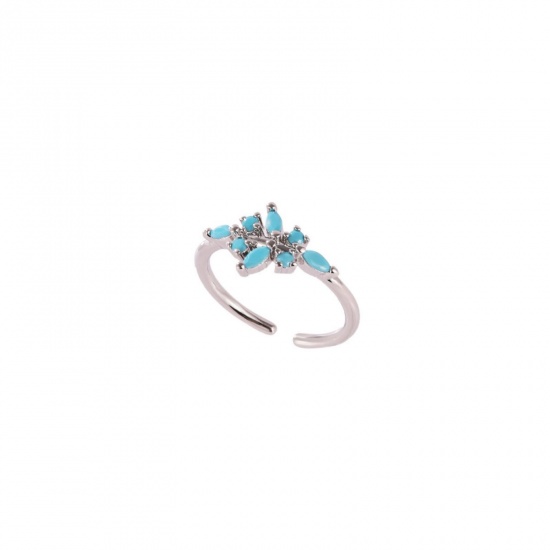 Picture of Wholesale Women's Gift Leaf Blue Cubic Zirconia Open Adjustable Rings, Real Platinum Plated Brass, Ins Style Stylish Jewelry Supply, 17.3mm(US Size 7), 1 Piece