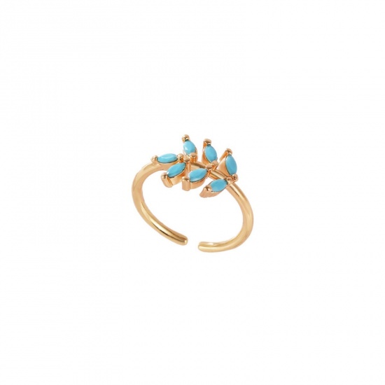 Picture of Wholesale Women's Gift Leaf Blue Cubic Zirconia Open Adjustable Rings, 18K Gold Plated Brass, Ins Style Stylish Jewelry Supply, 17.3mm(US Size 7), 1 Piece