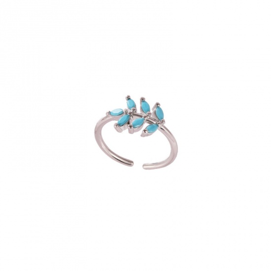 Picture of Wholesale Women's Gift Leaf Blue Cubic Zirconia Open Adjustable Rings, Real Platinum Plated Brass, Ins Style Stylish Jewelry Supply, 17.3mm(US Size 7), 1 Piece
