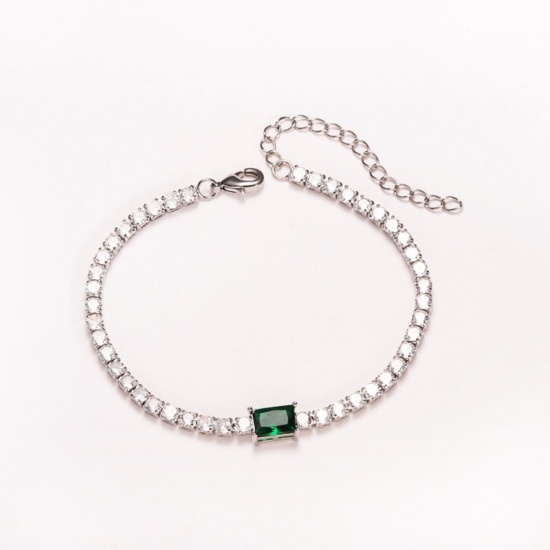 Imagen de Verde Circón Artificial Latón Pulsera de Tenis Al Por Mayor, Platino Chapado Mujeres Elegante Minimalista Regalo Suministro de Joyería, 16cm + 5cm longitud, 1 Unidad
