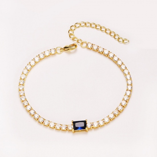 Imagen de Azul Circón Artificial Latón Pulsera de Tenis Al Por Mayor, Color Oro de 18K Mujeres Elegante Minimalista Regalo Suministro de Joyería, 16cm + 5cm longitud, 1 Unidad
