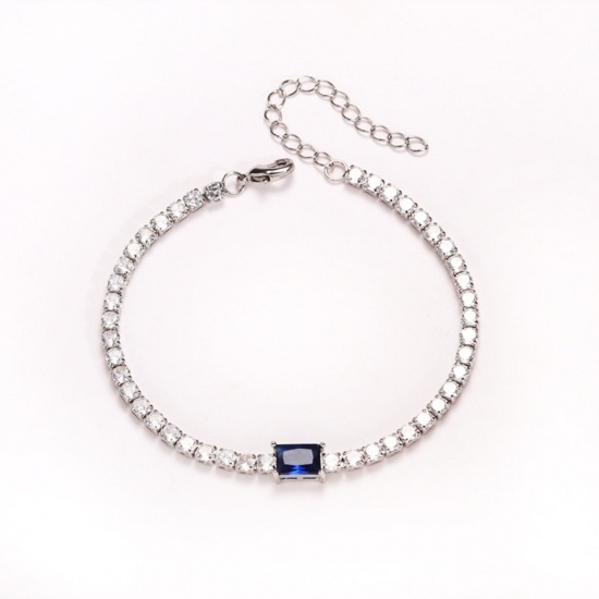 Imagen de Azul Circón Artificial Latón Pulsera de Tenis Al Por Mayor, Platino Chapado Mujeres Elegante Minimalista Regalo Suministro de Joyería, 16cm + 5cm longitud, 1 Unidad