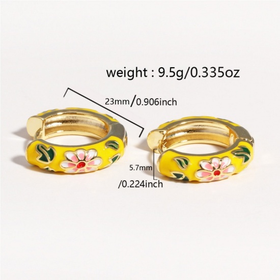 Picture of Wholesale Exquisite Stylish Hoop Earrings, Flower Yellow Enamel 18K Gold Plated Brass, Women's Gift Jewelry Supply, 23mm Dia., 1 Pair