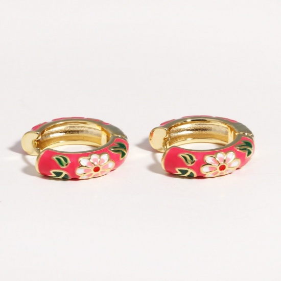 Picture of Wholesale Exquisite Stylish Hoop Earrings, Flower Pink Enamel 18K Gold Plated Brass, Women's Gift Jewelry Supply, 23mm Dia., 1 Pair