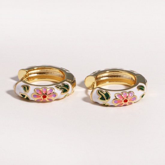 Picture of Wholesale Exquisite Stylish Hoop Earrings, Flower White Enamel 18K Gold Plated Brass, Women's Gift Jewelry Supply, 23mm Dia., 1 Pair