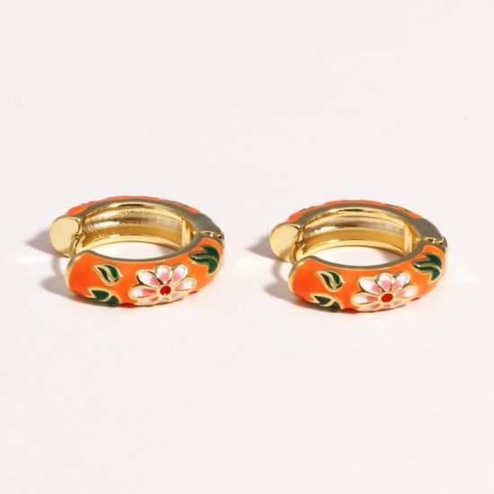 Picture of Wholesale Exquisite Stylish Hoop Earrings, Flower Orange Enamel 18K Gold Plated Brass, Women's Gift Jewelry Supply, 23mm Dia., 1 Pair