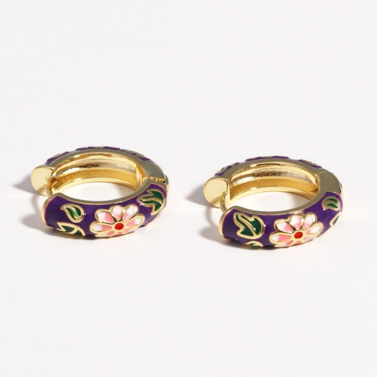 Picture of Wholesale Exquisite Stylish Hoop Earrings, Flower Purple Enamel 18K Gold Plated Brass, Women's Gift Jewelry Supply, 23mm Dia., 1 Pair