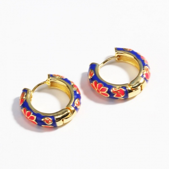 Picture of Wholesale Exquisite Stylish Hoop Earrings, Flower Royal Blue Enamel 18K Gold Plated Brass, Women's Gift Jewelry Supply, 23mm Dia., 1 Pair