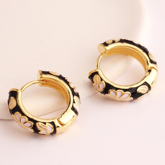 Picture of Wholesale Exquisite Stylish Hoop Earrings, Flower Black Enamel 18K Gold Plated Brass, Women's Gift Jewelry Supply, 23mm Dia., 1 Pair