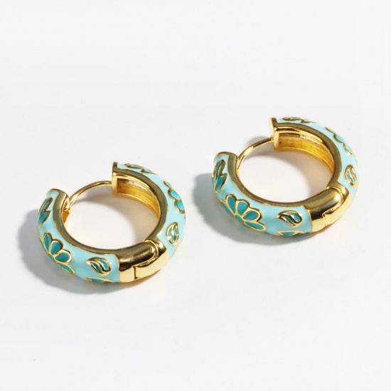 Picture of Wholesale Exquisite Stylish Hoop Earrings, Flower Skyblue Enamel 18K Gold Plated Brass, Women's Gift Jewelry Supply, 23mm Dia., 1 Pair