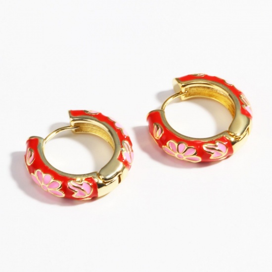 Picture of Wholesale Exquisite Stylish Hoop Earrings, Flower Red Enamel 18K Gold Plated Brass, Women's Gift Jewelry Supply, 23mm Dia., 1 Pair