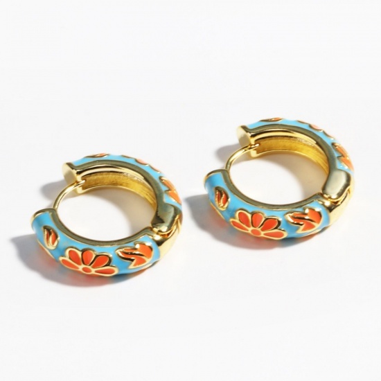 Picture of Wholesale Exquisite Stylish Hoop Earrings, Flower Blue Enamel 18K Gold Plated Brass, Women's Gift Jewelry Supply, 23mm Dia., 1 Pair