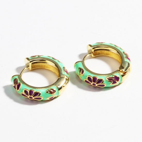 Picture of Wholesale Exquisite Stylish Hoop Earrings, Flower Light Green Enamel 18K Gold Plated Brass, Women's Gift Jewelry Supply, 23mm Dia., 1 Pair