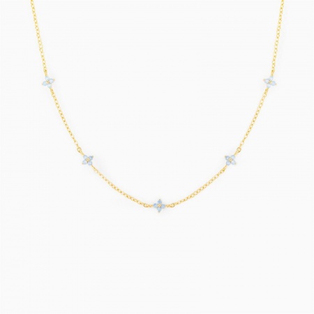 Picture of Wholesale Flower Light Blue Cubic Zirconia Link Cable Chain Station Necklace, 18K Gold Plated Brass, Women's Ins Style Stylish Gift Jewelry For Retailer, 38cm(15") + 7cm(2.8") long, 1 Piece
