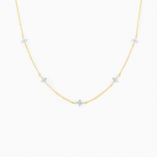 Picture of Wholesale Flower Light Blue Cubic Zirconia Link Cable Chain Station Necklace, 18K Gold Plated Brass, Women's Ins Style Stylish Gift Jewelry For Retailer, 38cm(15") + 7cm(2.8") long, 1 Piece