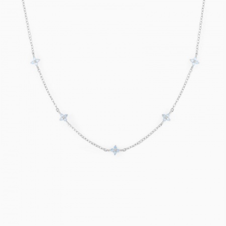 Picture of Wholesale Flower Light Blue Cubic Zirconia Link Cable Chain Station Necklace, Real Platinum Plated Brass, Women's Ins Style Stylish Gift Jewelry For Retailer, 38cm(15") + 7cm(2.8") long, 1 Piece
