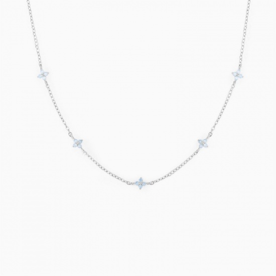 Picture of Wholesale Flower Light Blue Cubic Zirconia Link Cable Chain Station Necklace, Real Platinum Plated Brass, Women's Ins Style Stylish Gift Jewelry For Retailer, 38cm(15") + 7cm(2.8") long, 1 Piece