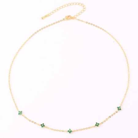 Picture of Wholesale Flower Green Cubic Zirconia Link Cable Chain Station Necklace, 18K Gold Plated Brass, Women's Ins Style Stylish Gift Jewelry For Retailer, 38cm(15") + 7cm(2.8") long, 1 Piece