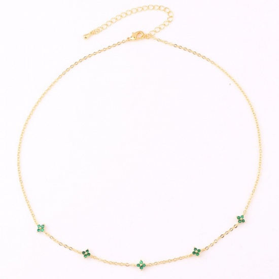 Picture of Wholesale Flower Green Cubic Zirconia Link Cable Chain Station Necklace, 18K Gold Plated Brass, Women's Ins Style Stylish Gift Jewelry For Retailer, 38cm(15") + 7cm(2.8") long, 1 Piece