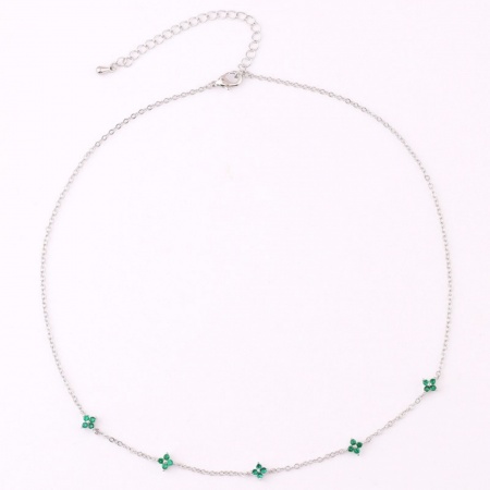 Picture of Wholesale Flower Green Cubic Zirconia Link Cable Chain Station Necklace, Real Platinum Plated Brass, Women's Ins Style Stylish Gift Jewelry For Retailer, 38cm(15") + 7cm(2.8") long, 1 Piece