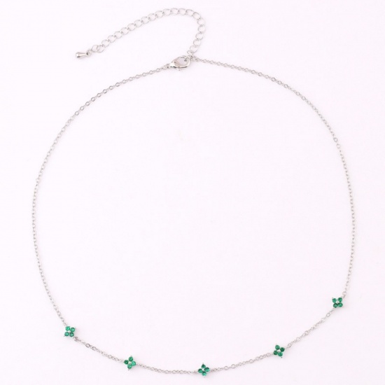 Picture of Wholesale Flower Green Cubic Zirconia Link Cable Chain Station Necklace, Real Platinum Plated Brass, Women's Ins Style Stylish Gift Jewelry For Retailer, 38cm(15") + 7cm(2.8") long, 1 Piece