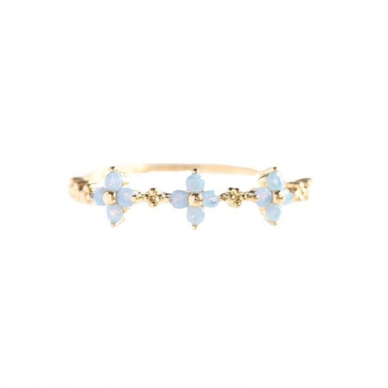 Picture of Wholesale Flower Light Blue Cubic Zirconia Rings, 18K Gold Plated Brass, Women's Ins Style Stylish Gift Jewelry For Retailer, 17.1mm(US size 6.75), 1 Piece
