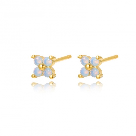 Picture of Wholesale Flower Light Blue Cubic Zirconia Ear Post Stud Earrings, 18K Gold Plated Brass, Women's Ins Style Stylish Gift Jewelry For Retailer, 5mm x 5mm, 1 Pair