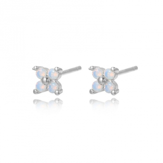 Picture of Wholesale Flower Light Blue Cubic Zirconia Ear Post Stud Earrings, Real Platinum Plated Brass, Women's Ins Style Stylish Gift Jewelry For Retailer, 5mm x 5mm, 1 Pair