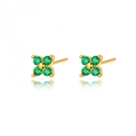 Picture of Wholesale Flower Green Cubic Zirconia Ear Post Stud Earrings, 18K Gold Plated Brass, Women's Ins Style Stylish Gift Jewelry For Retailer, 5mm x 5mm, 1 Pair