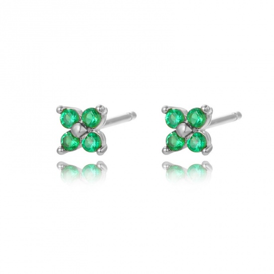 Picture of Wholesale Flower Green Cubic Zirconia Ear Post Stud Earrings, Real Platinum Plated Brass, Women's Ins Style Stylish Gift Jewelry For Retailer, 5mm x 5mm, 1 Pair