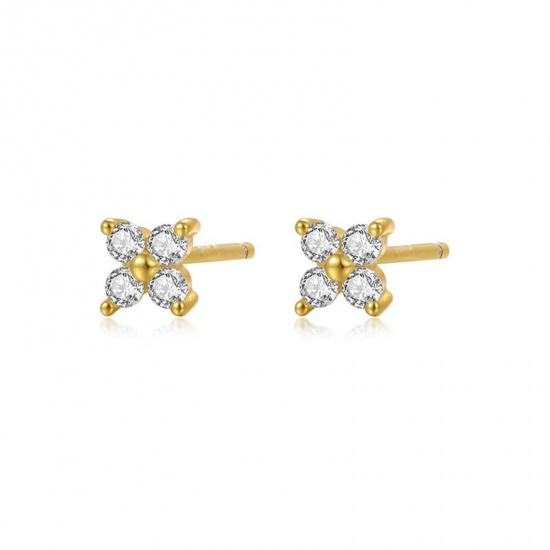 Picture of Wholesale Flower Clear Cubic Zirconia Ear Post Stud Earrings, 18K Gold Plated Brass, Women's Ins Style Stylish Gift Jewelry For Retailer, 5mm x 5mm, 1 Pair