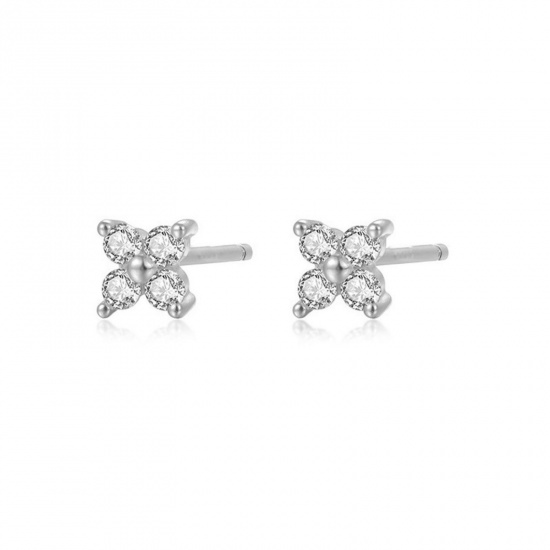 Picture of Wholesale Flower Clear Cubic Zirconia Ear Post Stud Earrings, Real Platinum Plated Brass, Women's Ins Style Stylish Gift Jewelry For Retailer, 5mm x 5mm, 1 Pair